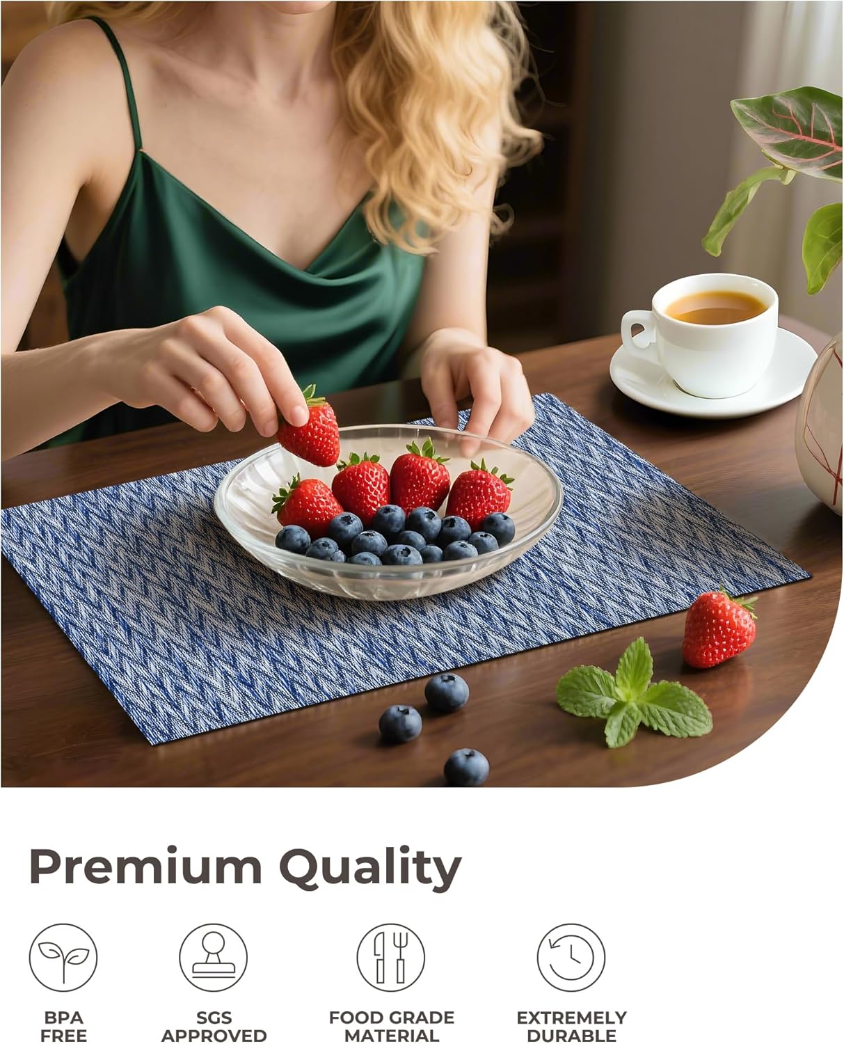 Leetaltree Blue Placemats Set of 6- Heat Resistant Non-Slip Place mats for Dining Table, Washable Durable PVC Vinyl Woven Table Mats（Blue Zigzag, 6）