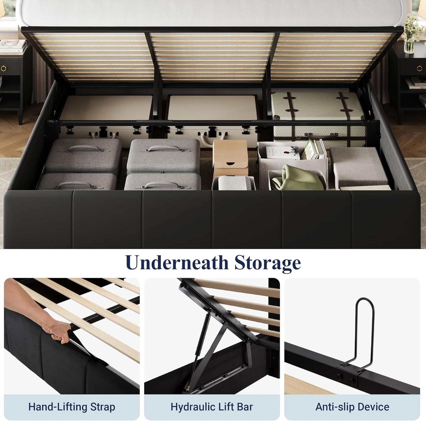 Allewie King Size Velvet Lift Up Storage Bed Frame, Vertical Channel Tufted Headboard, Hydrualic Underneath Storage, Upholstered Platform Bed, Wooden Slats Support, No Box Spring Needed, Black