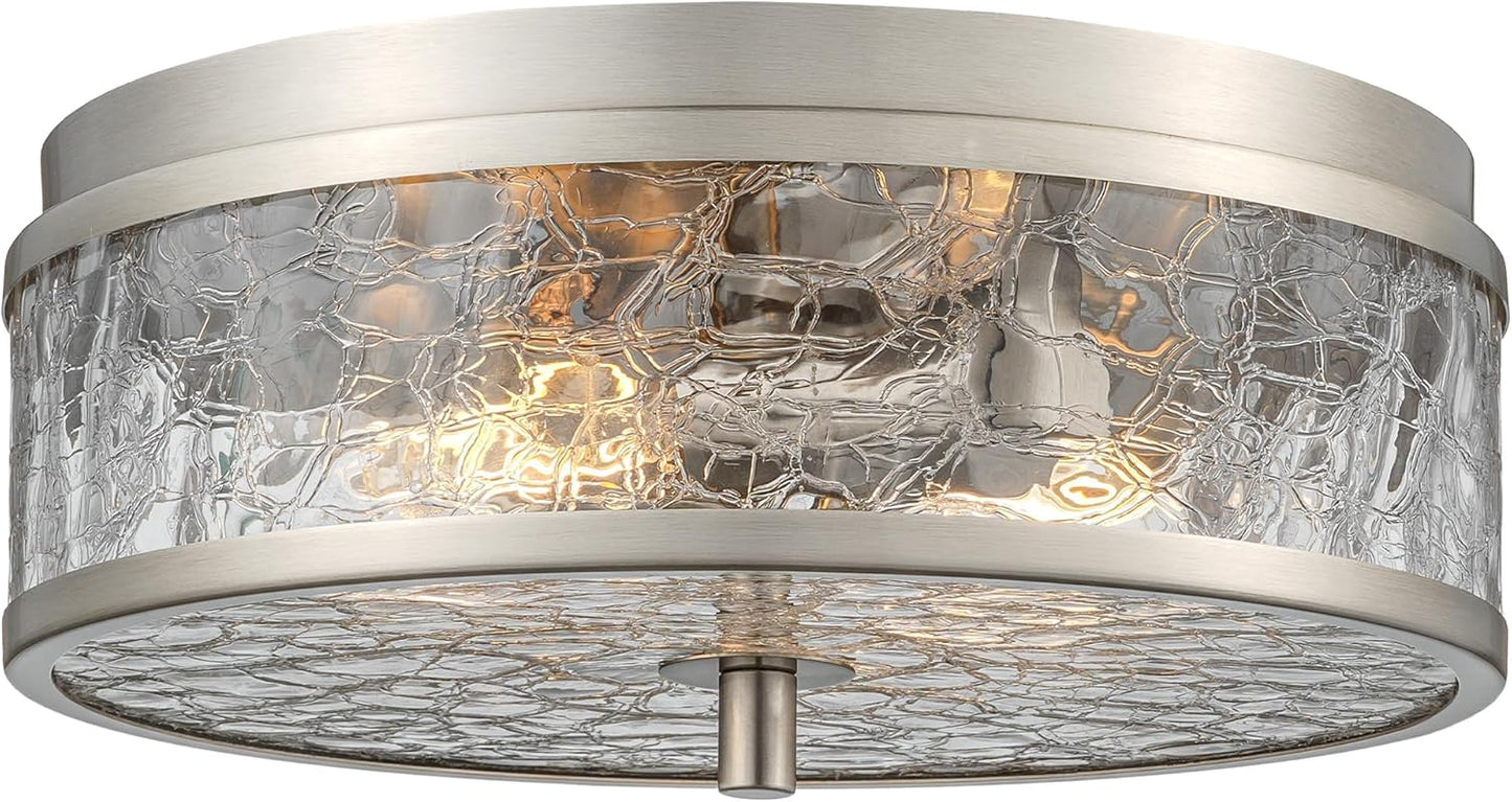 LamQee 12 Inch Flush Mount Ceiling Light with Crackled Glass Shade, 2-Lights Modern Farmhouse Close to Ceiling Lighting Fixture for Hallway Kitchen Bedroom Bathroom Foyer Entryway, Brushed Nickel