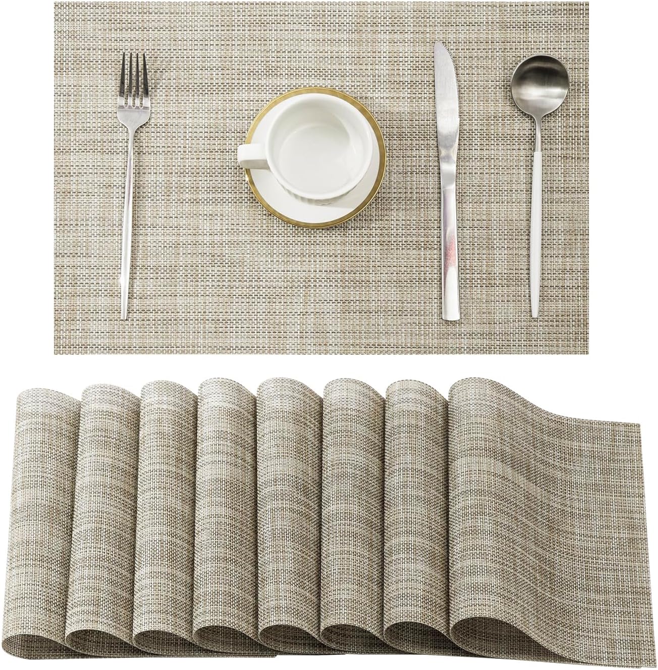 Leetaltree Linen Yellow Placemats Set of 8 - Heat Resistant Non-Slip Place mats for Dining Table, Washable Durable PVC Vinyl Woven Table Mats（Linen Yellow, 8）