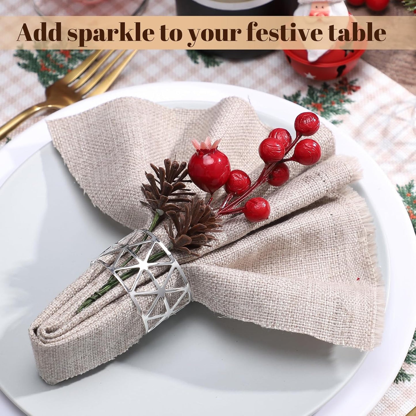 12Pcs Napkin Rings, Christmas Napkin Rings Set of 12, Metal Napkin Ring Set, Hollow Design Holiday Napkin Holders for Dining, Christmas Gathering, Table Setting Decoration, Wedding(Silver)