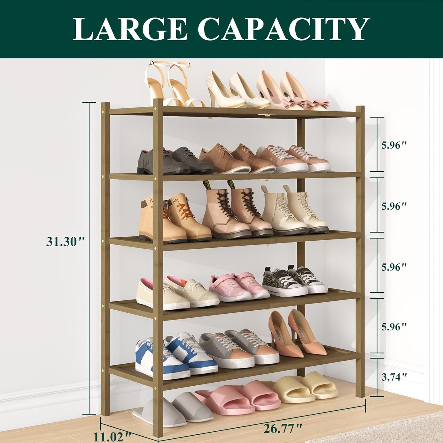 Smiry Bamboo Shoe Rack, 5 Tier Shoe Organizer for Entryway & Closet, Stackable Free Standing Storage Shelf for Shoes, Bags & Plants, Walnut