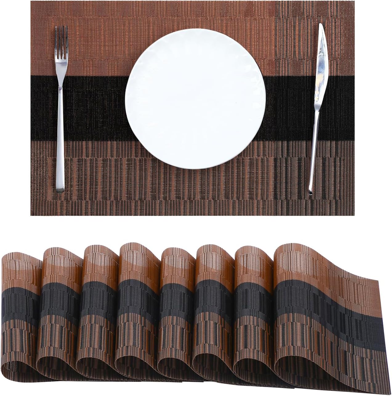 Leetaltree Brown with Black Striped Placemats Set of 8 - Heat Resistant Non-Slip Place mats for Dining Table, Washable Durable PVC Vinyl Woven Table Mats（Brown Stripe, 8）