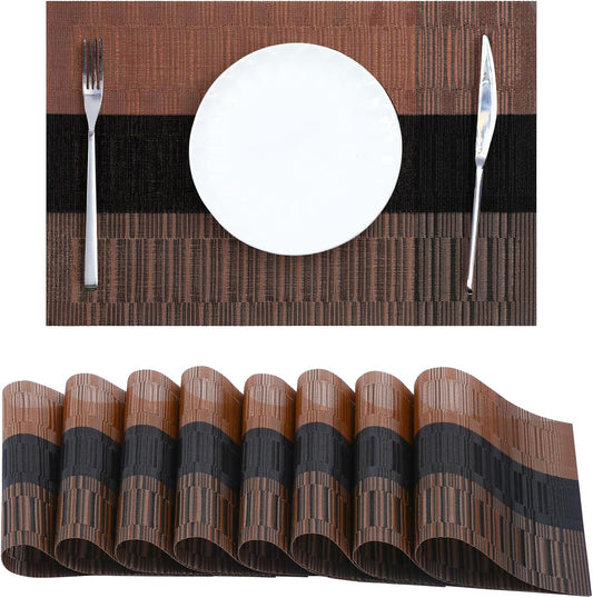 Leetaltree Brown with Black Striped Placemats Set of 8 - Heat Resistant Non-Slip Place mats for Dining Table, Washable Durable PVC Vinyl Woven Table Mats（Brown Stripe, 8）