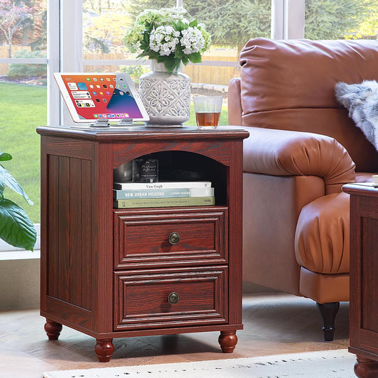18" Farmhouse Night Stand with Charging Station, Wood Nightstand with 2 Drawers, Rustic Bedside End Table with Shelf Storage, Bed Side Tables Cabinet for Bedroom, Living Room, and Closet