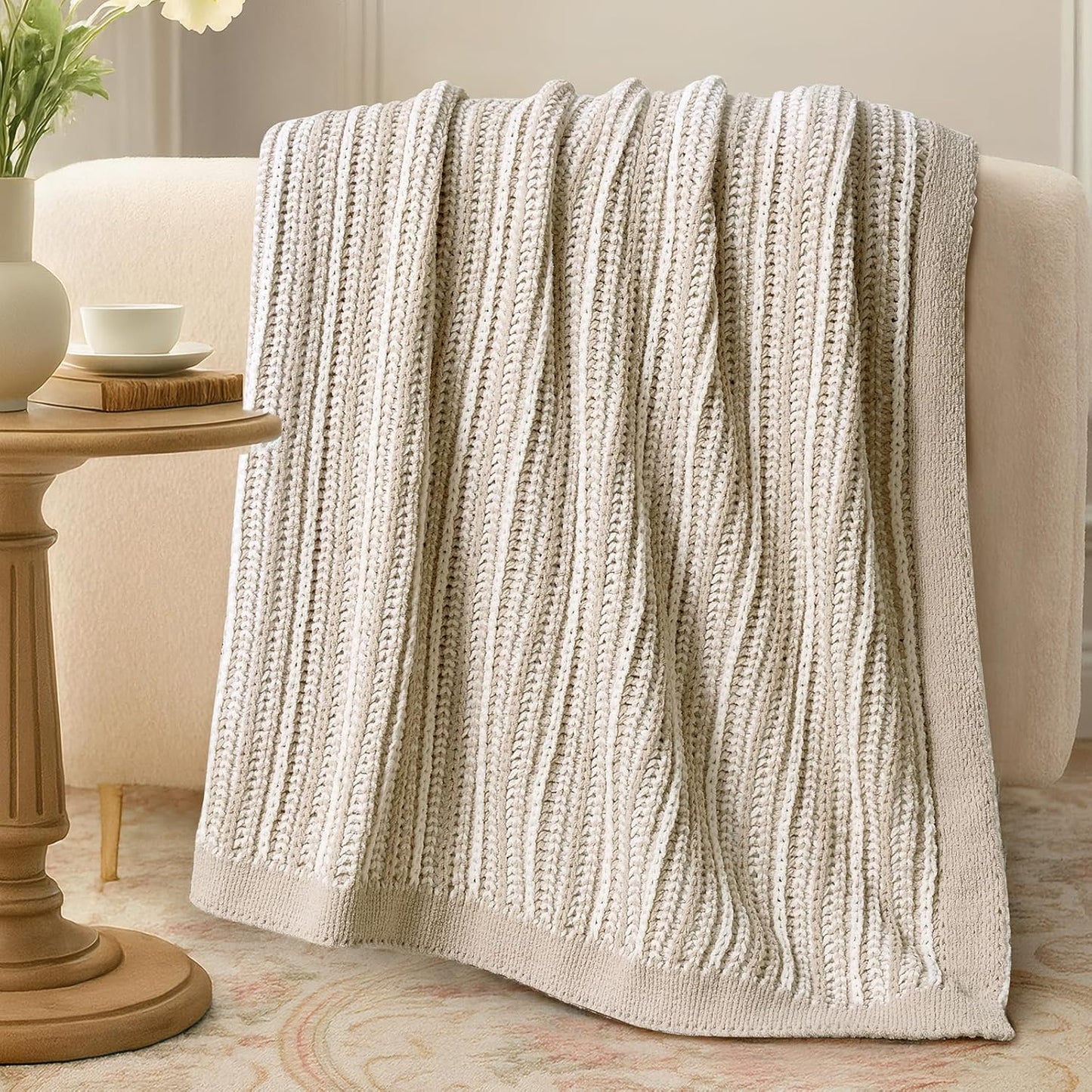 Amélie Home Striped Knit Throw Blanket for Couch, Dual-Sided Soft Chenille Decorative Blankets for Sofa & Chair, 50"x60", Khaki & White