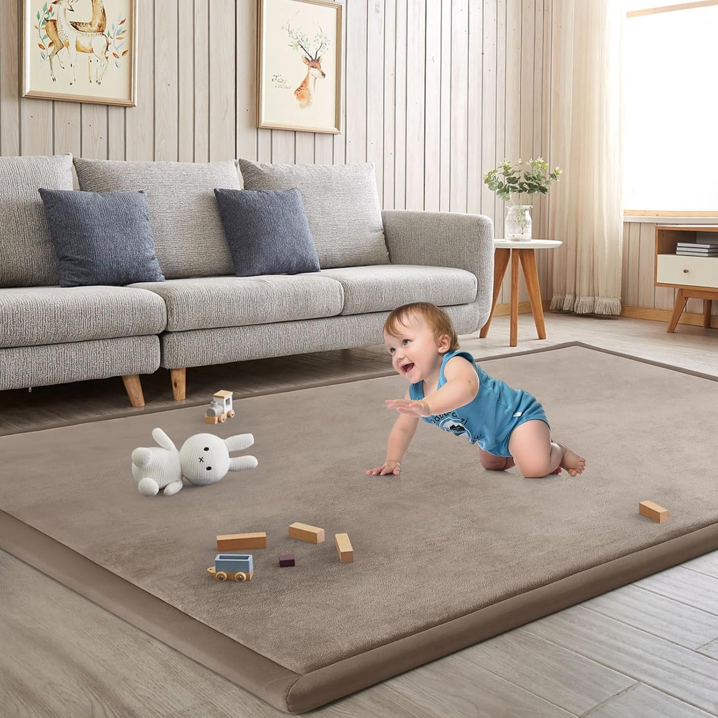 Baby Play Mat for Floor Tummy Time Mat Nursery Muscle Area Rug Playroom Rug Tatami 47"*47" Memory Foam 1.3" Thick Crawling For Babies,Toddlers, Infants, Kids,Floor(Brown)