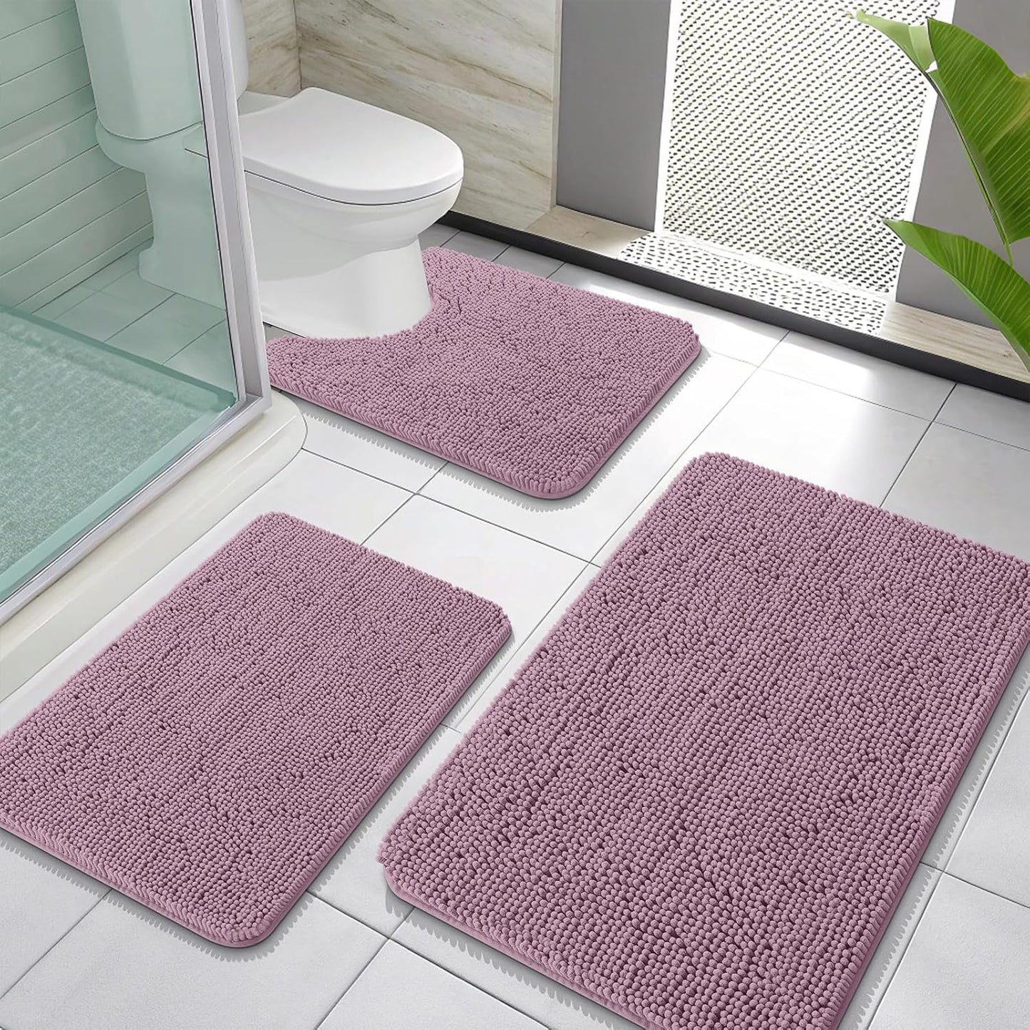 OLANLY Bathroom Rugs Sets 3 Piece, Soft Absorbent Chenille Bath Mats and U-Shaped Contour Toilet Rug, Quick Dry, Home Decor Accessories, Bath Mat Set for Bathroom (30"x20"+24"x16"+24"x20", Deep Plum)