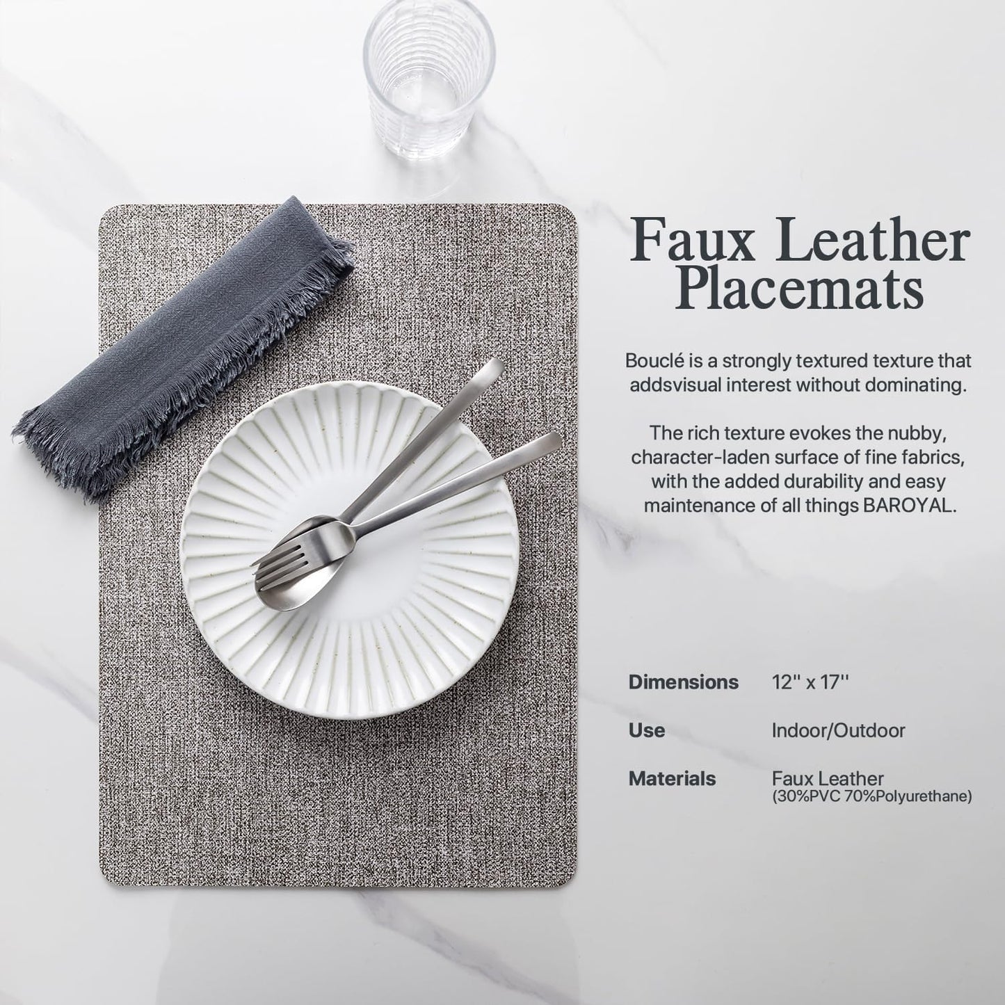 Faux Leather Placemats Set of 8 Vinyl Washable Wipeable Table Mats for Kitchen Dining Table Heat Resistant Waterproof Modern Indoor/Outdoor Placemats Non-Slip Easy Clean Place Mats (Mid Gray)