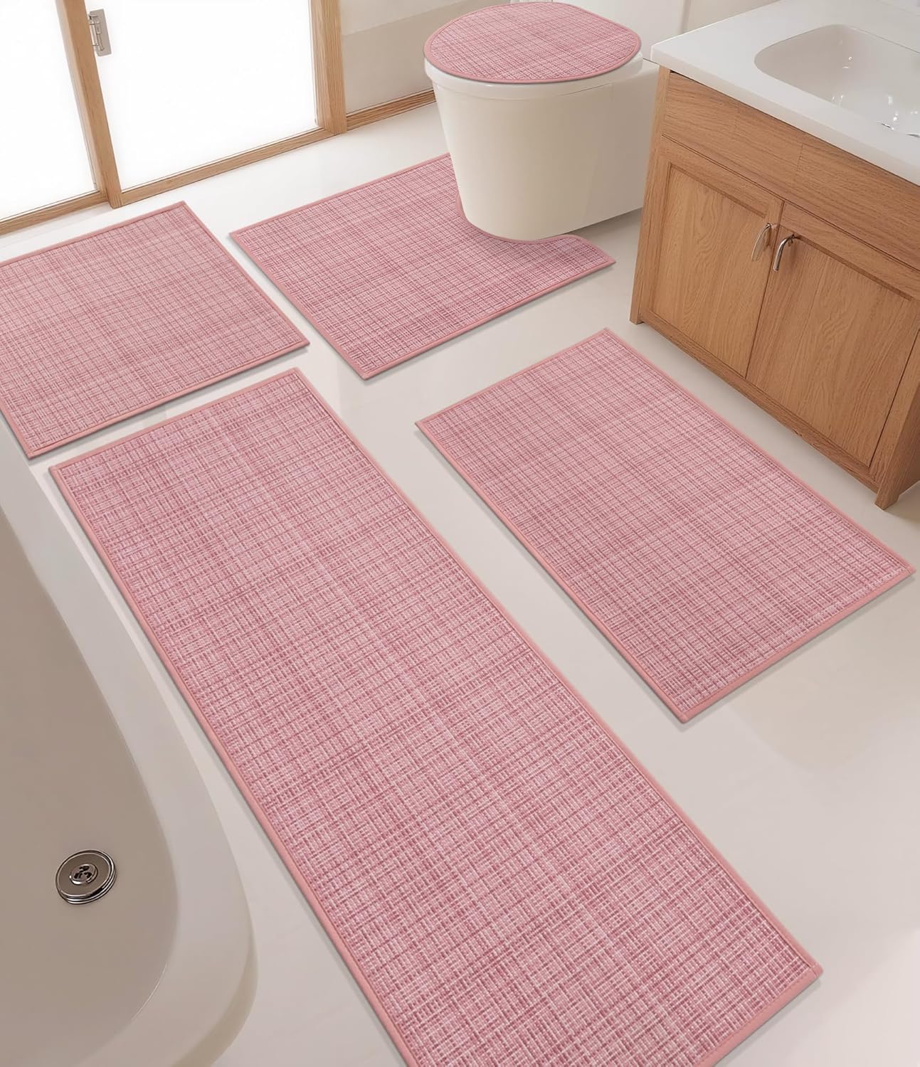 YIHOUSE Bathroom Rugs Sets 5 Pieces, Pink Ultra Thin Bath Mats Fit Under Door, Absorbent Quickly Dry Rubber Backing Braided Bath Mat Set, Non Slip Washable Bath Rugs for Bathroom Floor, Pink