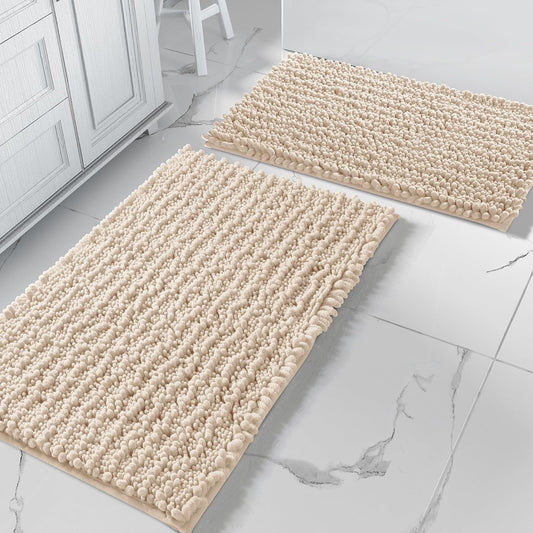 Yimobra Bathroom Rugs Sets 2 Piece - Quick Dry Extra Thick Luxury Chenille Bath Mat, Non Slip Super Absorbent for Tub Shower Sink, Machine Washable Shaggy Floor Mat, 32"x20"+24"x17" Inch, Light Brown