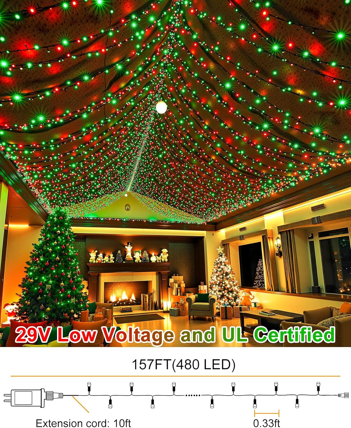 157Ft 480 LED Christmas Lights Outdoor, Plug in Christmas Tree Lights Waterproof, 8 Modes Green Wire Twinkle String Light for Indoor Room Patio Garden Xmas Party Decorations, Red Green