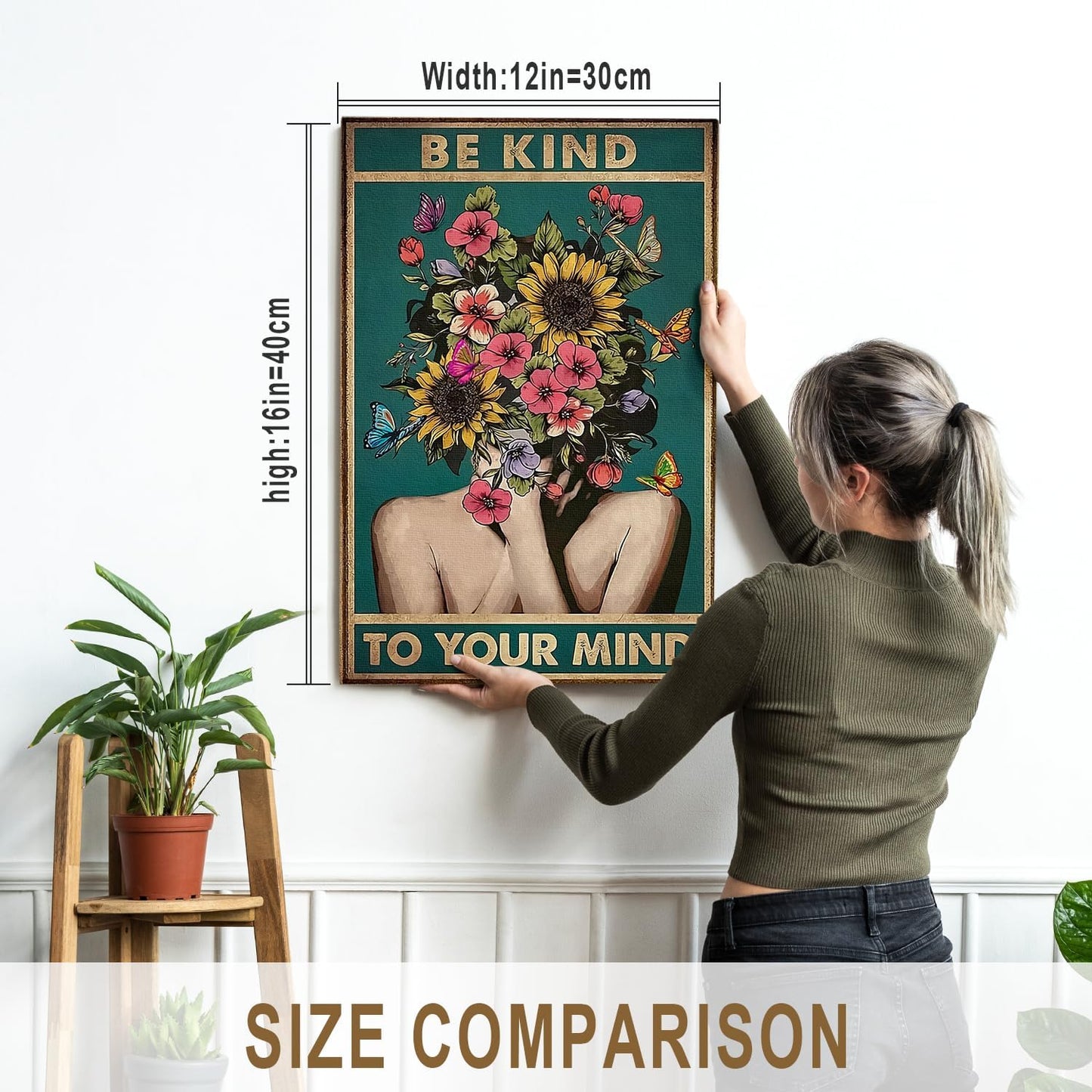 DIHSIEG Flower Canvas Wall Art Be Kind to Your Mind Vintage Poster Frameless Floral Can be hung on the Wall Heal Your Heart poster Wall Art Canvas(12x16 Dark Green)