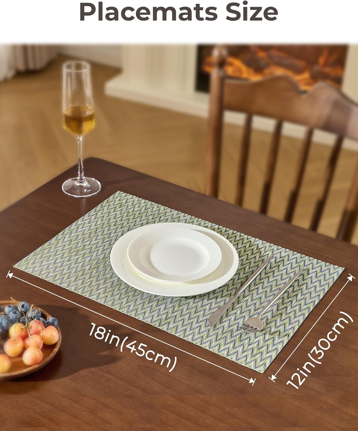 Leetaltree Green Placemats Set of 12 - Heat Resistant Non-Slip Place mats for Dining Table, Washable Durable PVC Vinyl Woven Table Mats（Green Zigzag, 12）