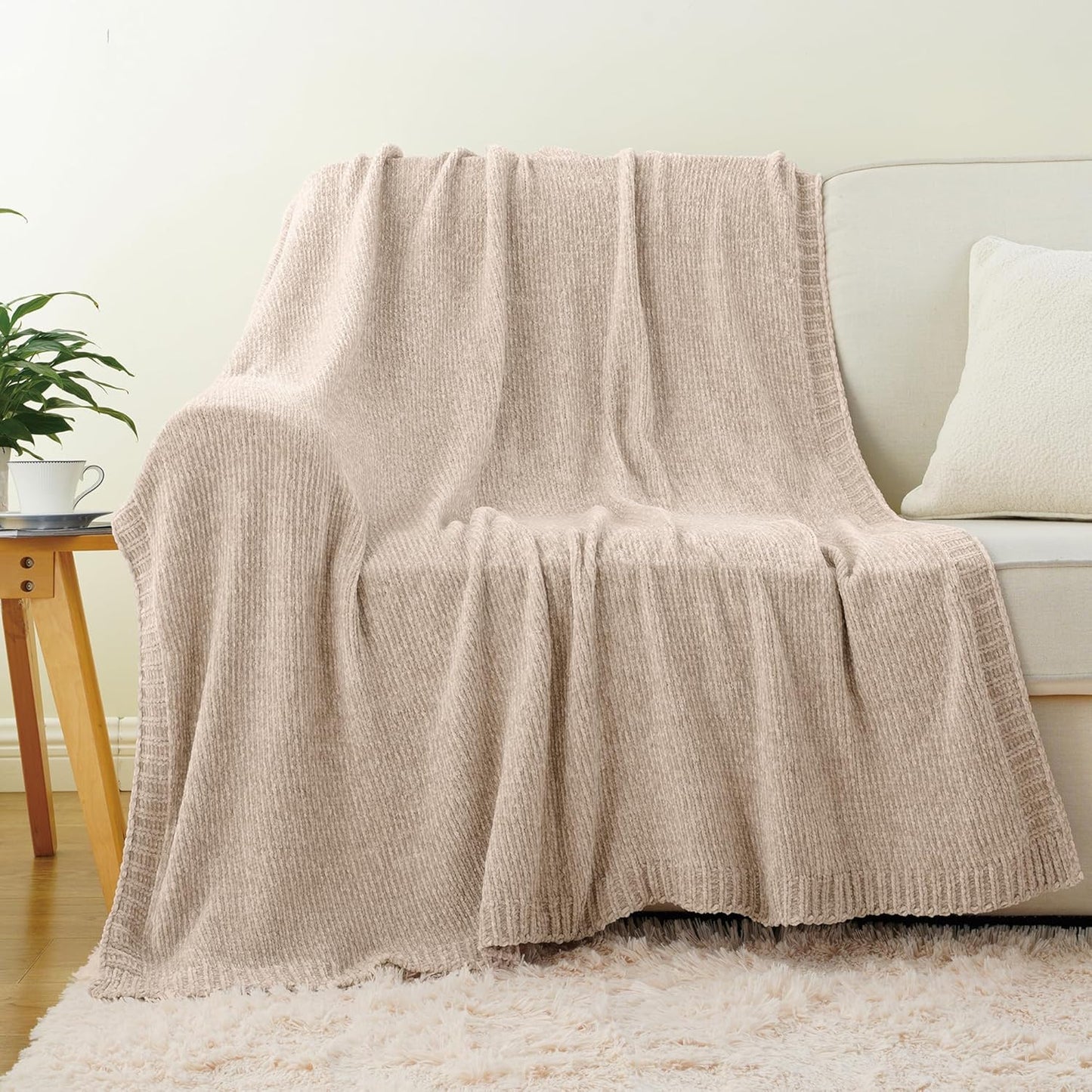 BATTILO HOME Knit Chenille Throw Blanket for Couch, Cozy Beige Throw Blankets for Home Decor,Lightweight Soft Throw for Bed,Sofa,Chair 51"x67"