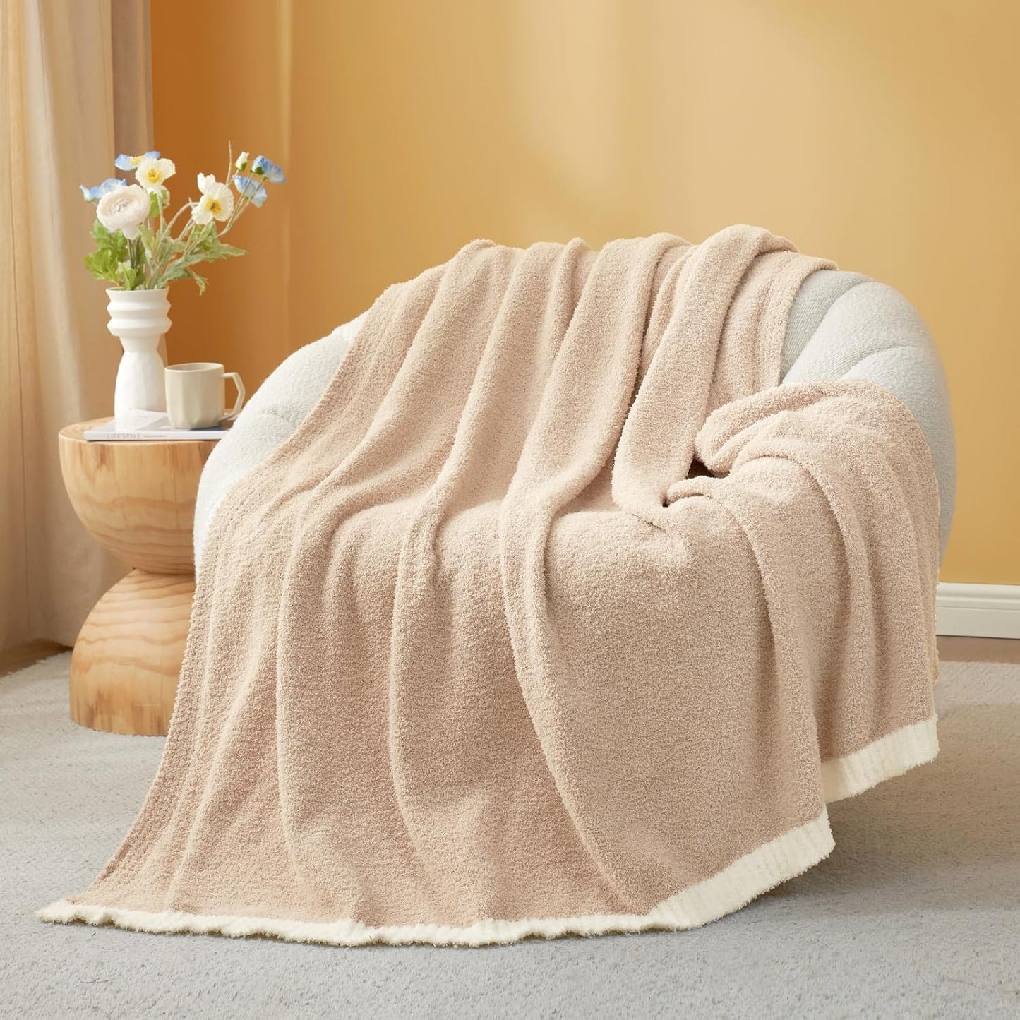 Snuggle Sac Ultra Soft Throw Blanket for Couch Bed Sofa 50x60 inches, Reversible Beige Blanket Microfiber Fluffy Fuzzy Cozy Knit Throws for Women Mothers Birthday Gifts