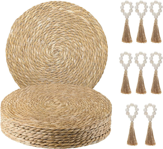 Woven Placemats Set of 8, 13.8" Natural Water Hyacinth Round Rattan Placemats with Wooden Beads Napkin Rings for Kitchen Dining Table Decor