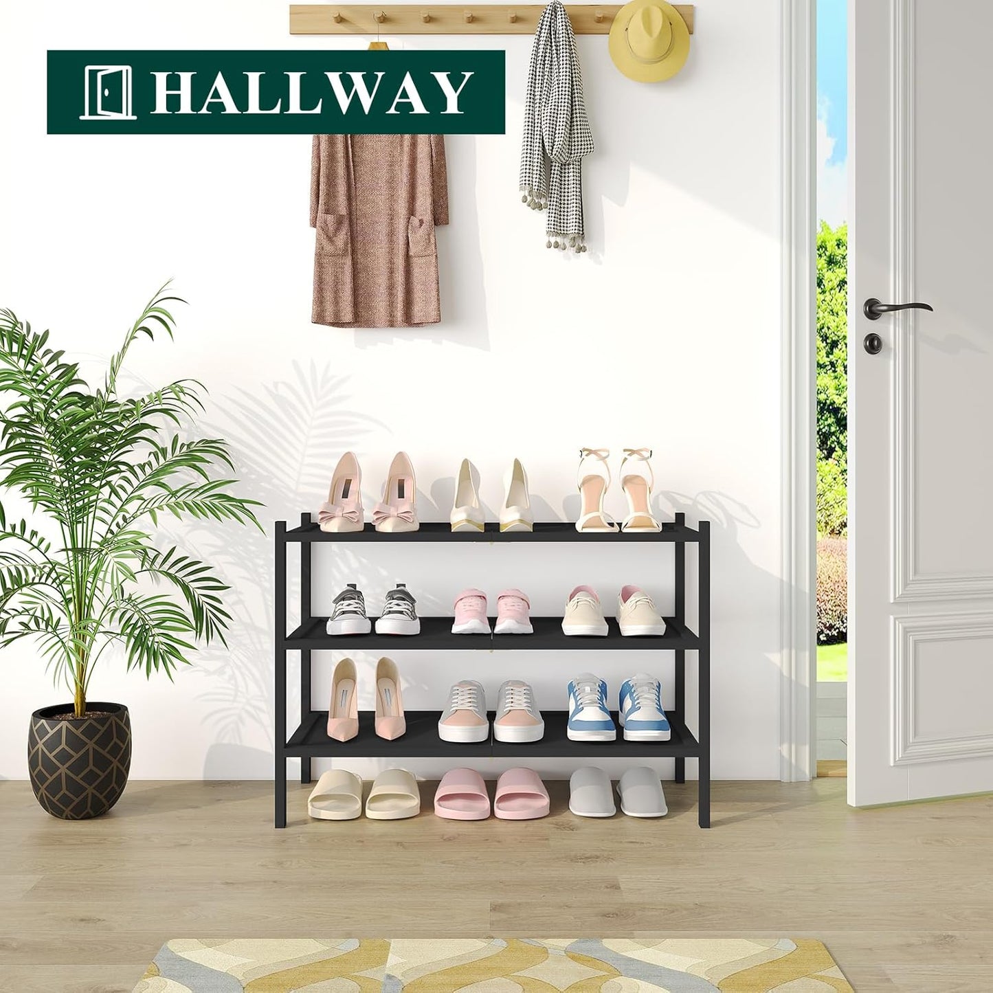 Smiry Bamboo Shoe Rack, 3 Tier Shoe Organizer for Entryway & Closet, Stackable Free Standing Storage Shelf for Shoes, Bags & Plants, Black