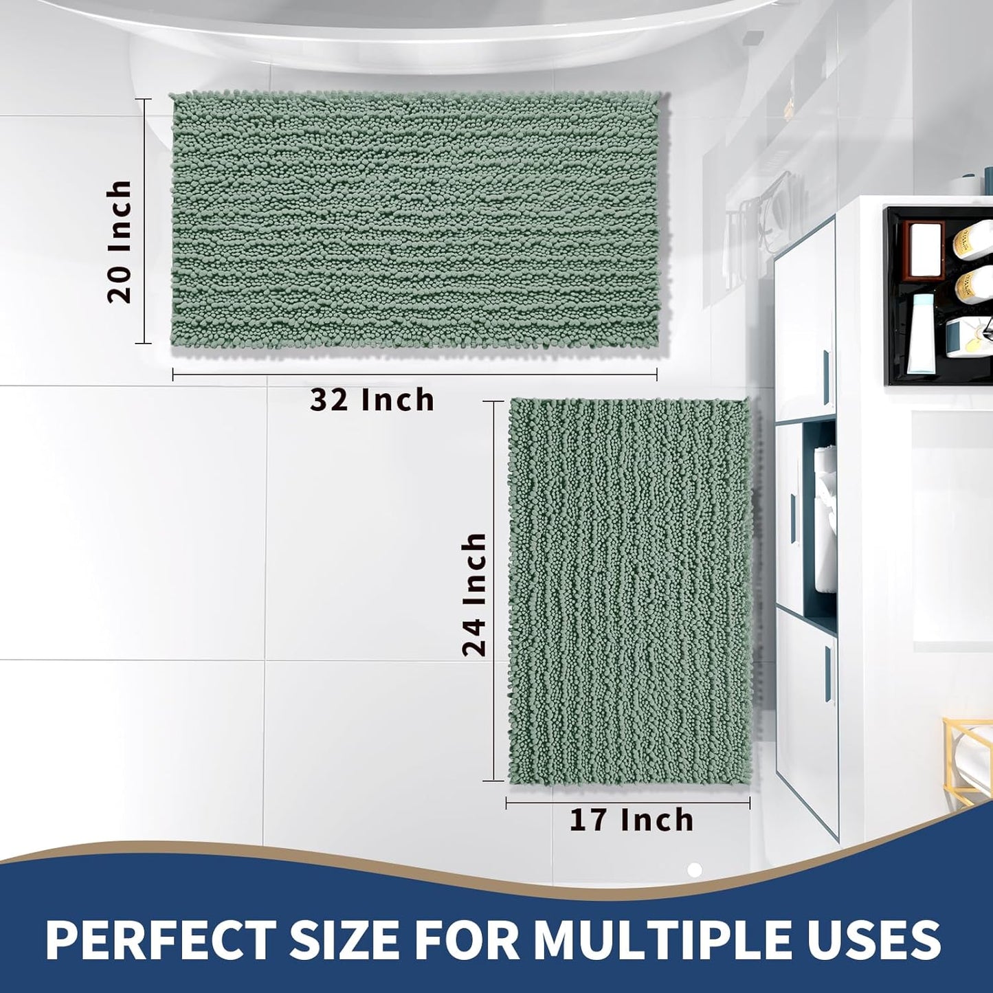 Yimobra Bathroom Rugs Sets 2 Piece - Quick Dry Extra Thick Luxury Chenille Bath Mat, Non Slip Super Absorbent for Tub Shower Sink, Machine Washable Shaggy Floor Mat, 32"x20"+24"x17" Inch, Green