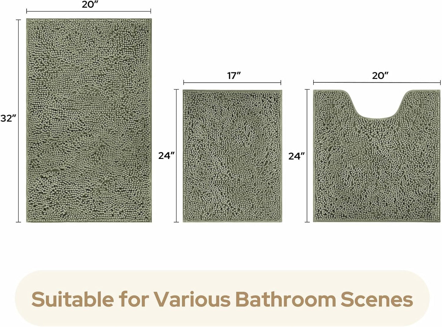 HOMEIDEAS 3 Pieces Bathroom Rugs, Ultra Soft Non Slip Absorbent Chenille Toilet Bath Mat Set (Sage Green,17"x24"+20"x32"+U Shape 20"x24")