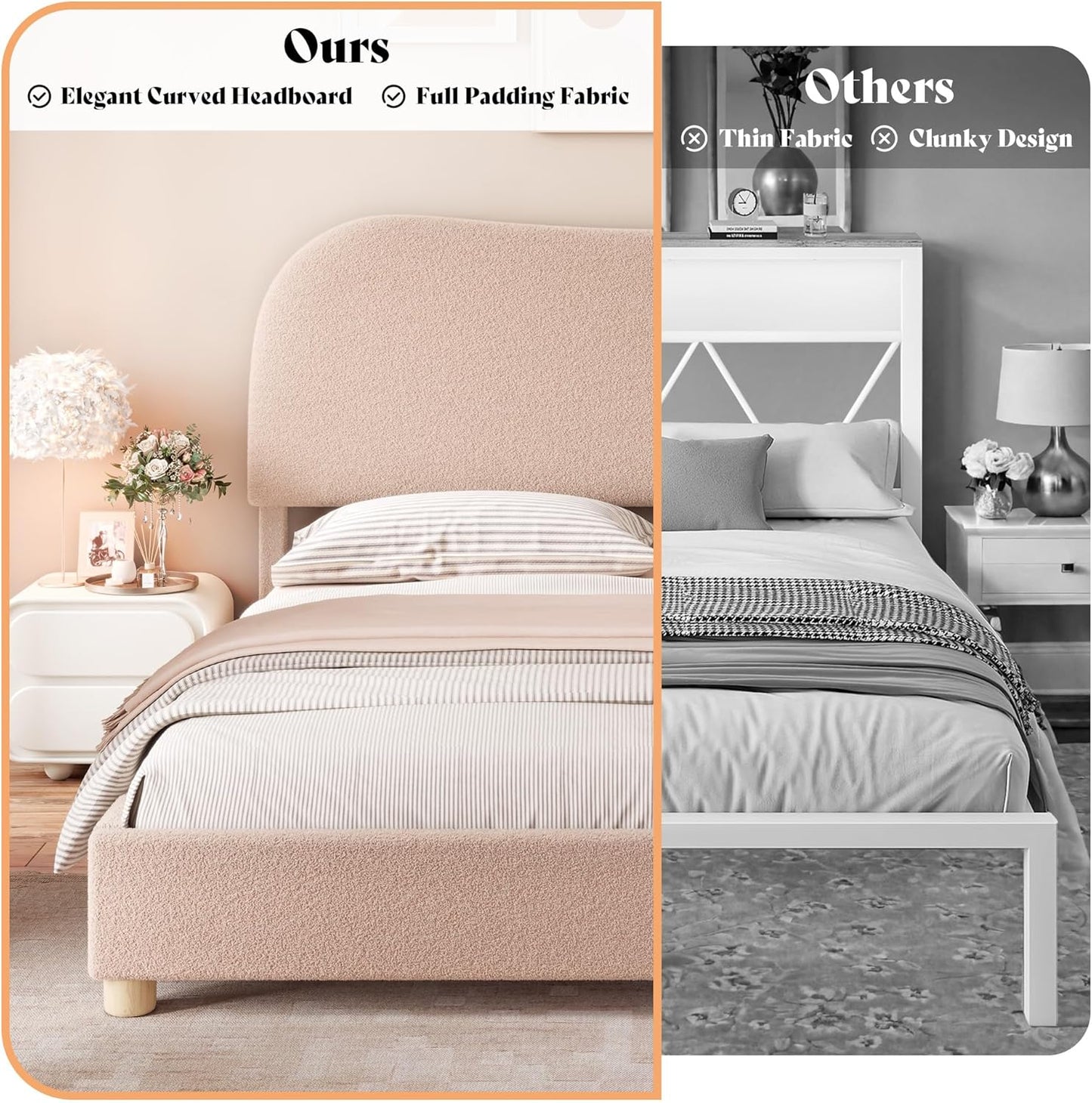 AMERLIFE King Size Upholstered Boucle Bed Frame, Soft Cloud Platform Bed with Adjustable Headboard, Modern Design, Rounded Corners, Rubberwood Legs, No Box Spring Needed, Easy Assembly, Beige