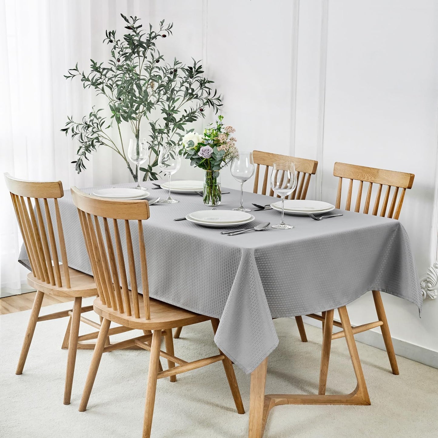 maxmill Tablecloth Weaved Texture Stain Resistant Waterproof, Wrinkle Resistant Washable Table Cloth, Fabric Table Cover for Dining Room, Indoor Outdoor Use, Rectangle 70 x 120 Inch, Light Grey