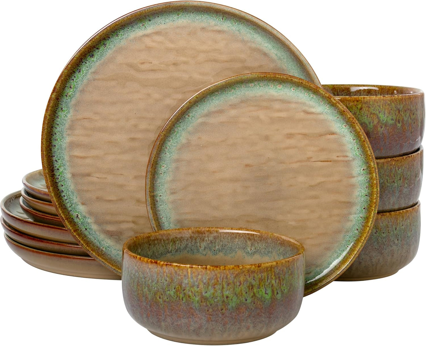 Joseph Sedgh Collection “Alyssa” 12-Piece Stoneware Dinnerware Set with Reactive Glaze Finish, Service for 4, Brown Reactive Glaze