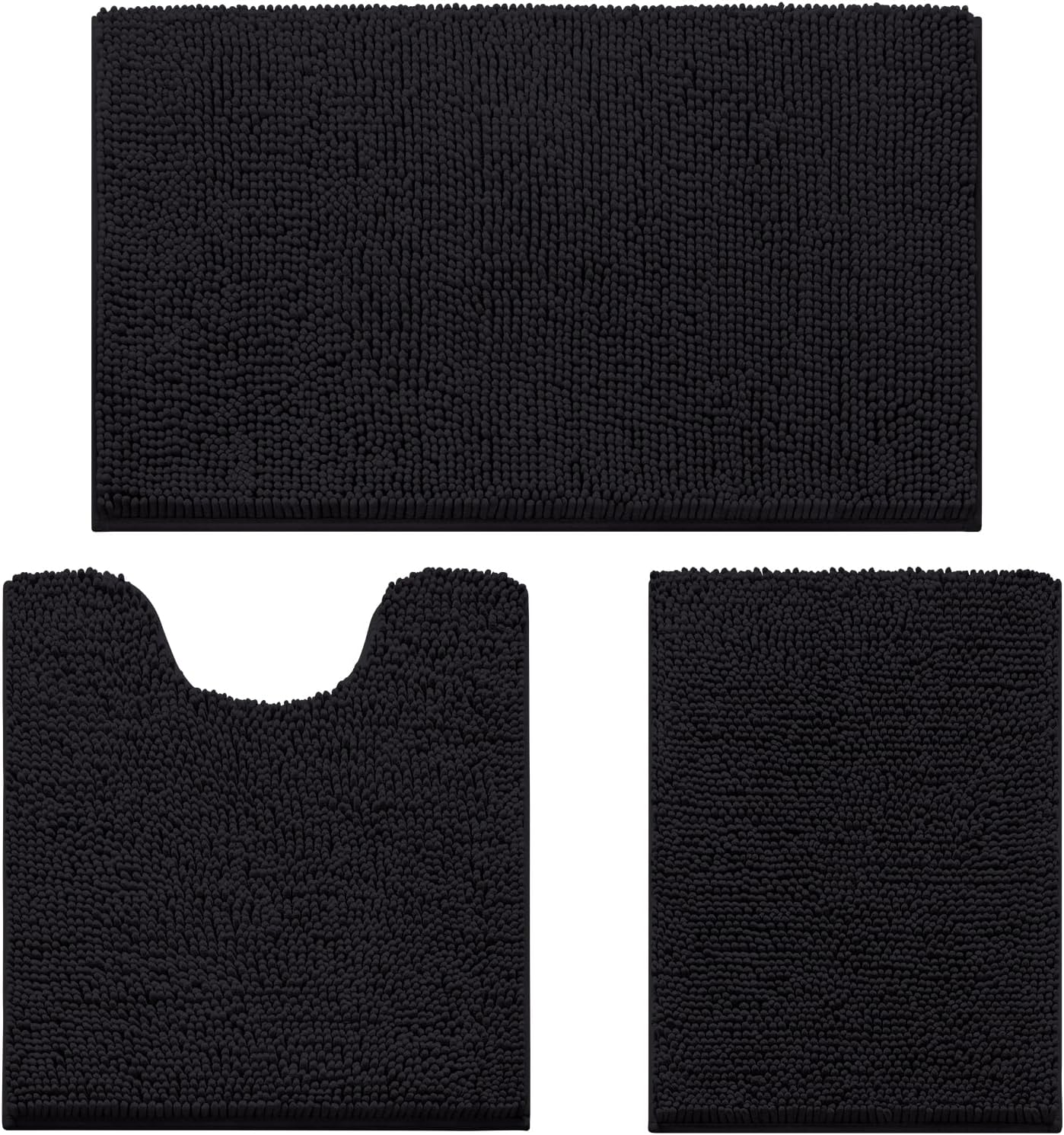 HOMEIDEAS 3 Pieces Bathroom Rugs, Ultra Soft Non Slip Absorbent Chenille Toilet Bath Mat Set (Black,17"x24"+20"x32"+U Shape 20"x24")