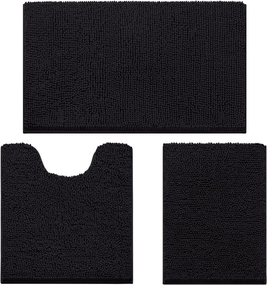HOMEIDEAS 3 Pieces Bathroom Rugs, Ultra Soft Non Slip Absorbent Chenille Toilet Bath Mat Set (Black,17"x24"+20"x32"+U Shape 20"x24")
