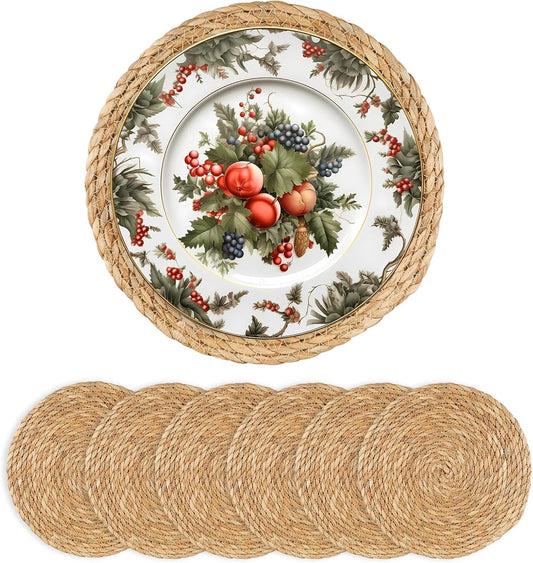 Round Woven Placemats 13 inch Set of 6 - Boho Rattan Placemats Natural Water Hyacinth Placemat, Farmhouse Weave Place Mats, Rustic Braided Wicker Table Mats for Dining Table,Home,Wedding