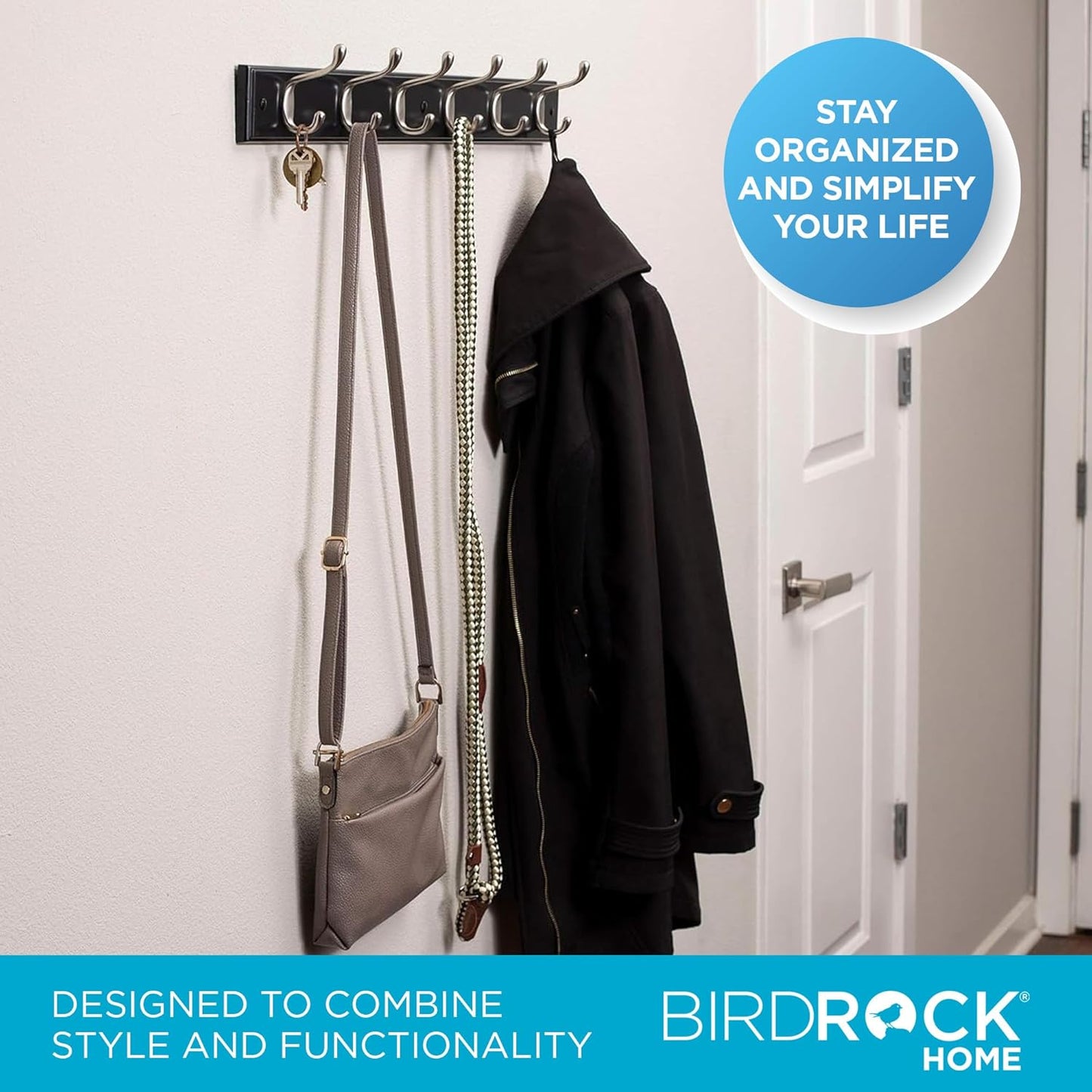 BIRDROCK HOME Oval Hook Coat and Hat Rack | 6 Hooks | Wall Mount | Black Finish | Satin Nickel Hooks