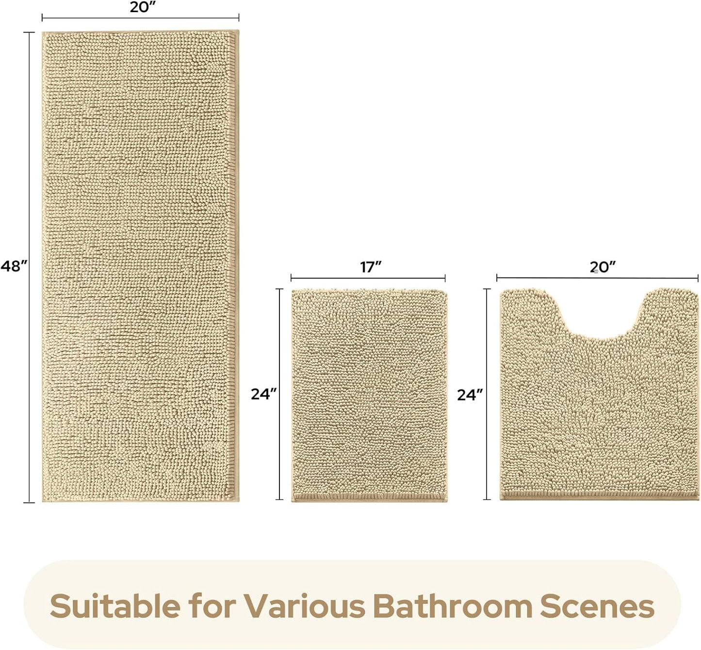 HOMEIDEAS 3 Pieces Bathroom Rugs, Ultra Soft Non Slip Absorbent Chenille Toilet Bath Mat Set (Beige-Beige, 17"x24"+20"x48"+U Shape 20"x24")