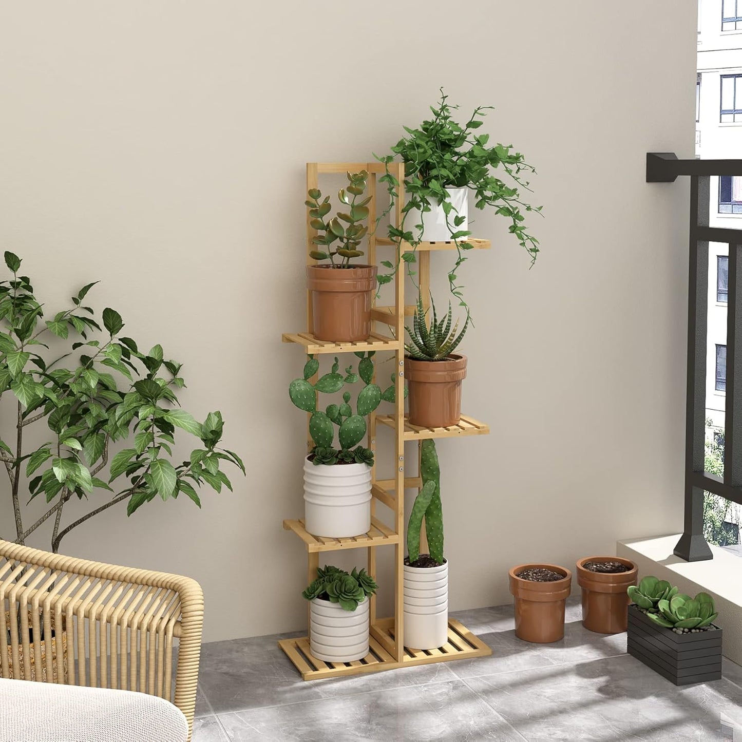 Laiensia Bamboo 5 Tier 6 Potted Plant Stand Rack Multiple Flower Pot Holder Shelf, Indoor&Outdoor Planter Display Shelves for Patio Garden, Living Room, Corner Balcony and Bedroom,Wood Color