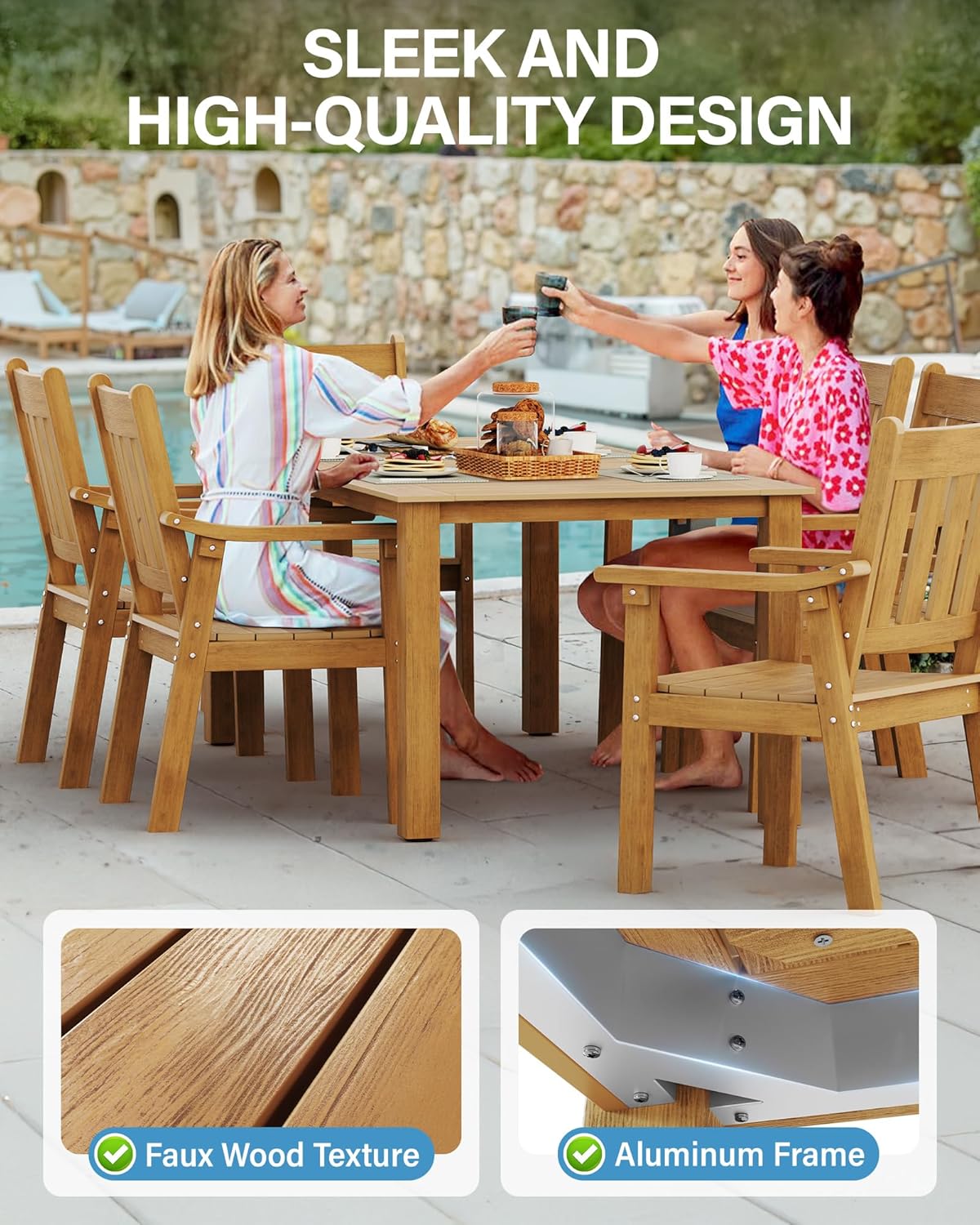 YEFU HIPS Patio Table Set: 10 Piece Outdoor Table and Chairs Dining Furniture Set with Umbrella Hole - Teak Modern Plastic Dining Sets 8 Person for Outside Deck with Metal Aluminum Frame