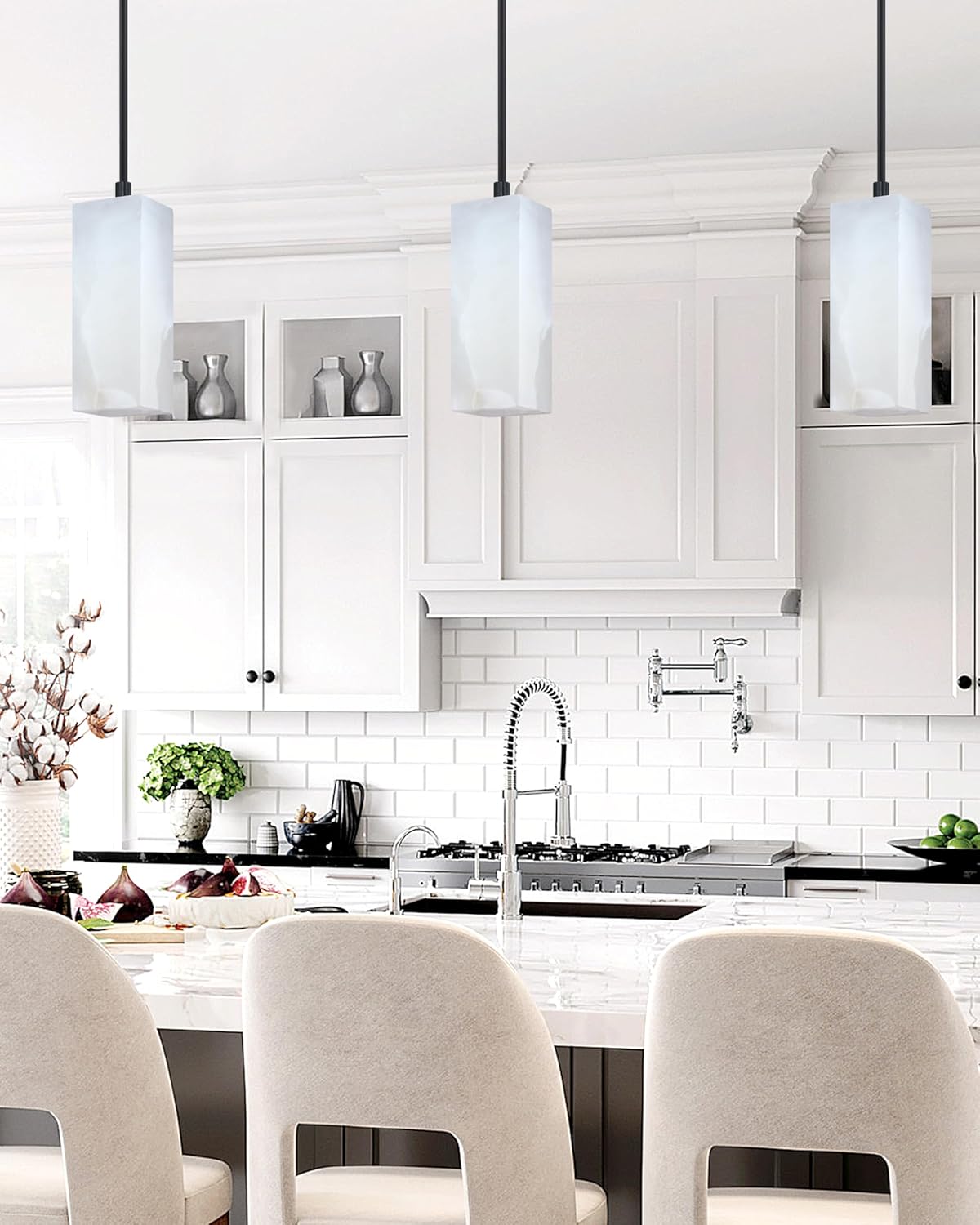 1 Light Modern Industrial Farmhouse Hanging Kitchen Island Pendant Ceiling Light Fixture,Square Natural Alabaster Marble Black Finish Over Sink Restaurant bar Corridor