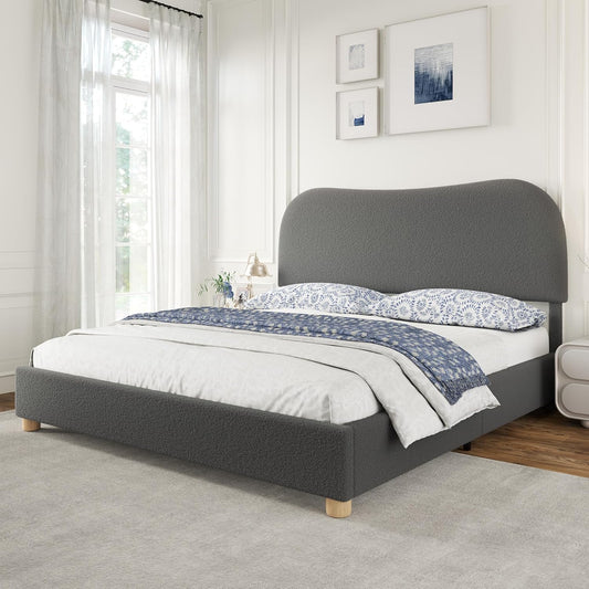 AMERLIFE King Size Upholstered Boucle Bed Frame, Soft Cloud Platform Bed with Adjustable Headboard, Modern Design, Rounded Corners, Rubberwood Legs, No Box Spring Needed, Easy Assembly, Charcoal Gray