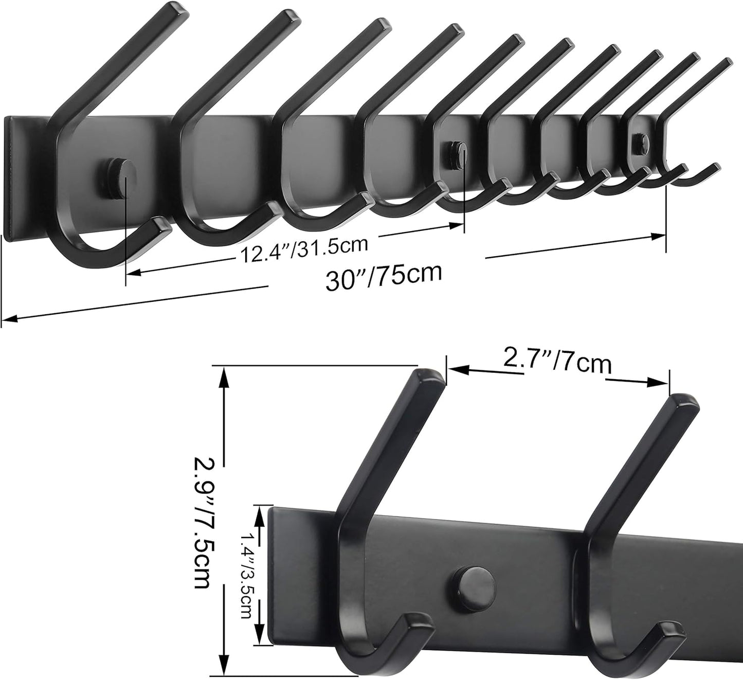 WEBI Coat Rack Wall Mounted,10 Hooks for Hanging Coats,30 Inch Hook Rack Hook Rail Coat Hanger Wall Mount for Backpack,Clothes,Jacket,Black,2 Packs