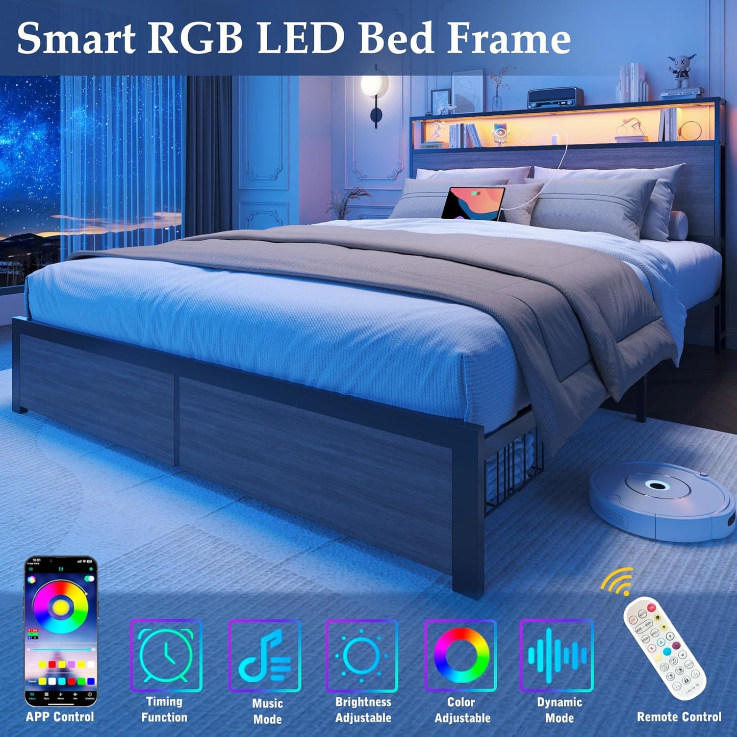 Lifezone Queen Bed Frame with 2-Tier Storage Headboard, Metal Bed Frame with Storage Drawers & Built-in Charging Station & LED, Noise-Free, No Box Spring Needed, Easy Assembly, Rustic Grey