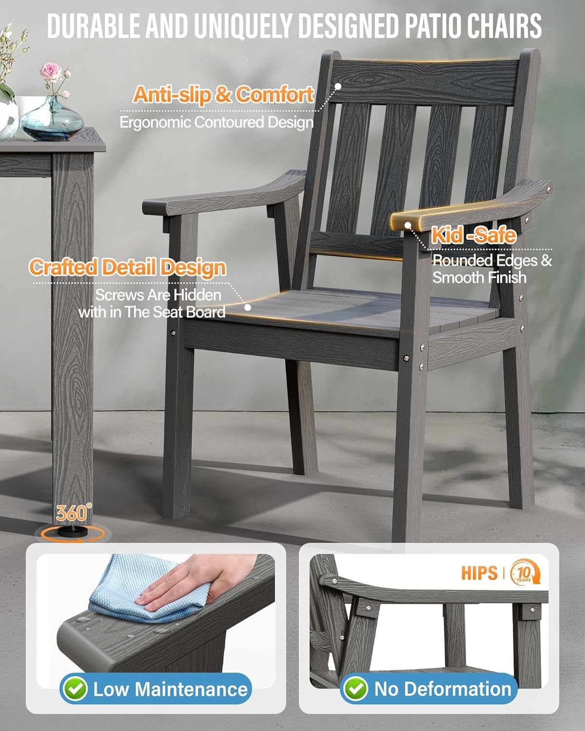 YEFU Patio Dining Chairs Set of 4: All Weather Outdoor Dining Chairs with Wide Curved Seat and Backrest - Outdoor Furniture Plastic for Outside Backyard/Garden/Porch/Deck 350lbs Capacity Grey