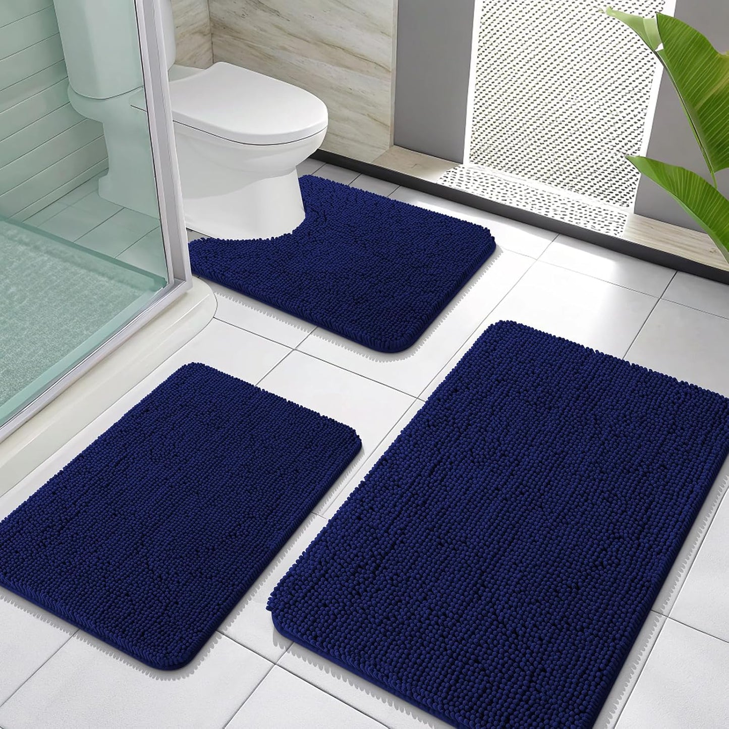 OLANLY Bathroom Rugs Sets 3 Piece, Soft Absorbent Chenille Bath Mats and U-Shaped Contour Toilet Rug, Quick Dry, Home Decor Accessories, Bath Mat Set for Bathroom (30"x20"+24"x16"+24"x20", Navy)
