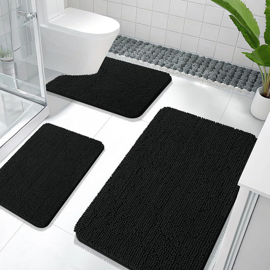 OLANLY Bathroom Rugs Sets 3 Piece, Soft Absorbent Chenille Bath Mats and U-Shaped Contour Toilet Rug, Quick Dry, Home Decor Accessories, Bath Mat Set for Bathroom (36"x24"+24"x16"+24"x20", Black)