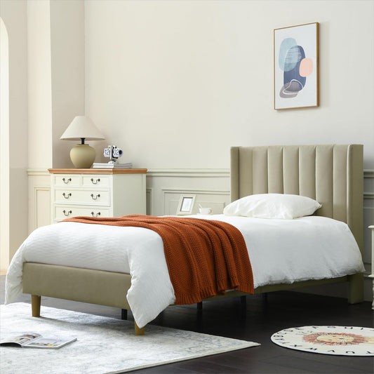 YUHUASHI upholstered Platform Bed Frame/Twin Bed Frame/Modern Geometric Double-Wing Design headboard/Linen Fabric/Easy to Assemble no Noise (Beige, Twin)