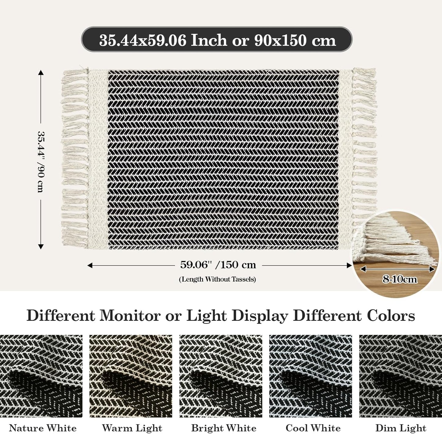 Lahome Boho Entryway Rug, 3x5 Rugs for Bedroom Lightweight Washable Throw Rug Woven Cotton Bathroom Carpet with Tassels, Farmhouse Black and White Rugs for Living Room Kitchen Office Dorm