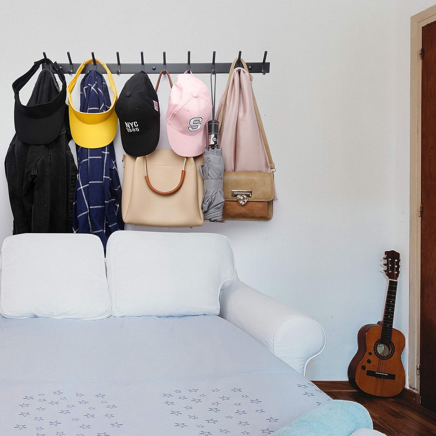 WEBI Coat Rack Wall Mounted,8 Coat Hooks for Hanging Coats,24" Heavy Duty Metal Double Hook Rack Rail Coat Hanger Wall Mount for Clothes Entryway Jacket,Black