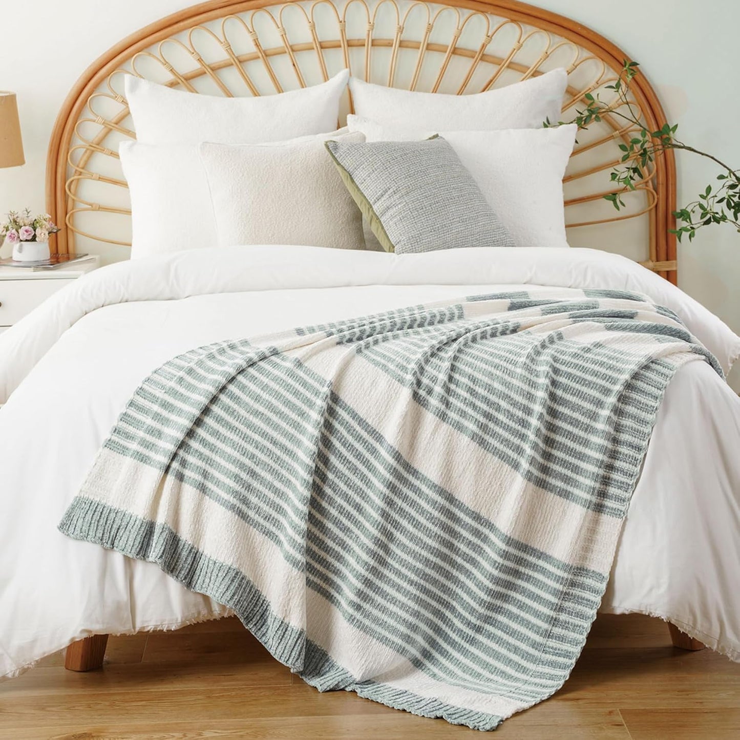 BATTILO HOME Sage Green Throw Blanket for Couch, Farmhouse Chenille Knitted Blanket for Home Decor, Light Green Striped Spring Summer Throw Blanket, 51"x67"