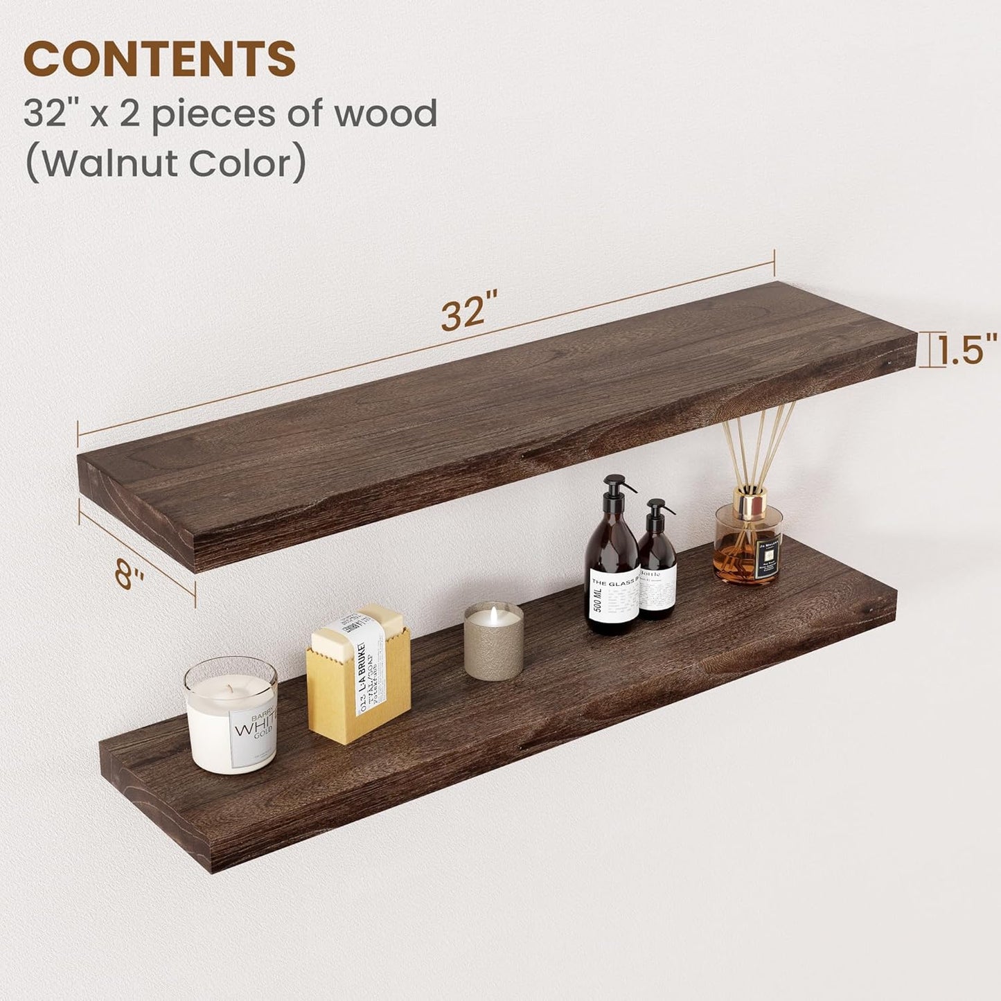 Floating Shelves for Wall Decor, 8 Inch Deep Rustic Solid Elm Wood Floating Shelves Wall Mounted, Wall Shelves with Invisible Bracket for Living Room Bathroom Bedroom Kitchen, 32 Inch Set of 2, Walnut