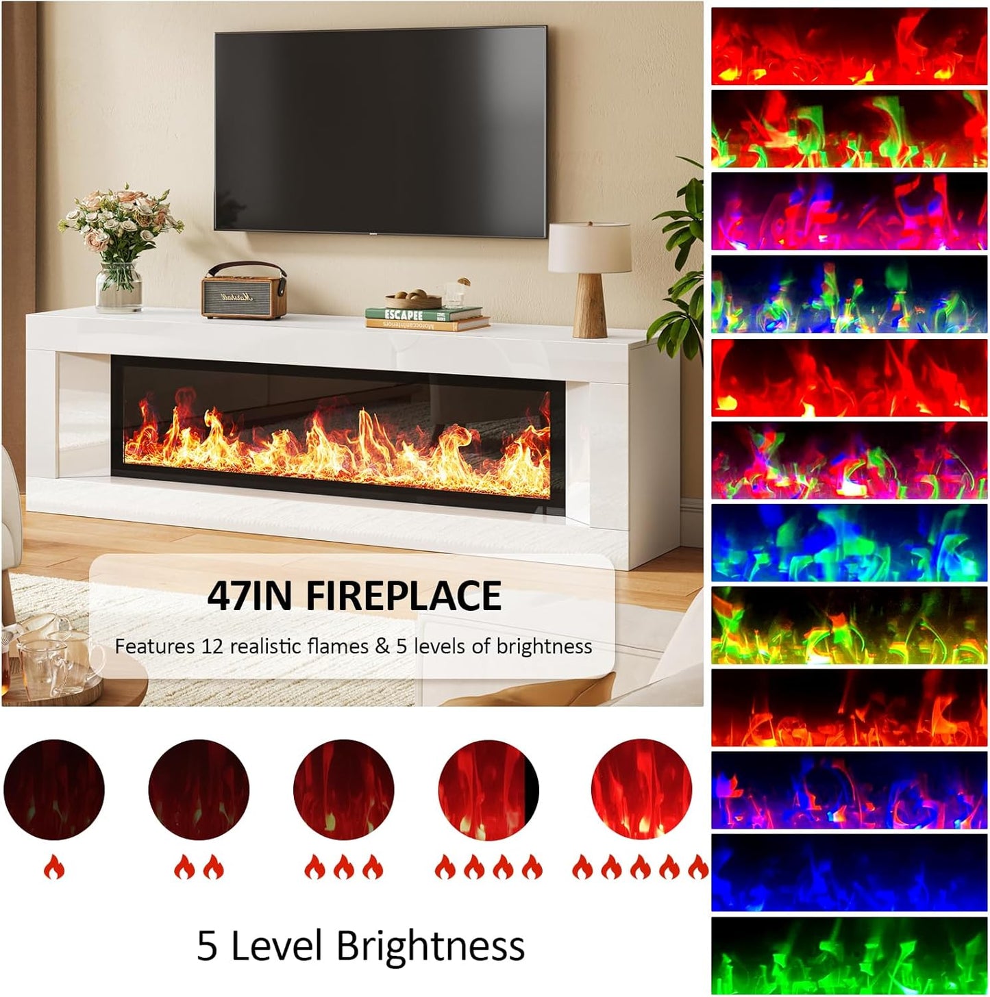 High Gloss Fireplace TV Stand with 47" Electric Fireplace, 63" Entertainment Center with Fireplace, Modern Wood TV Console with 12 Electronic Flame Colors for Living Room, White