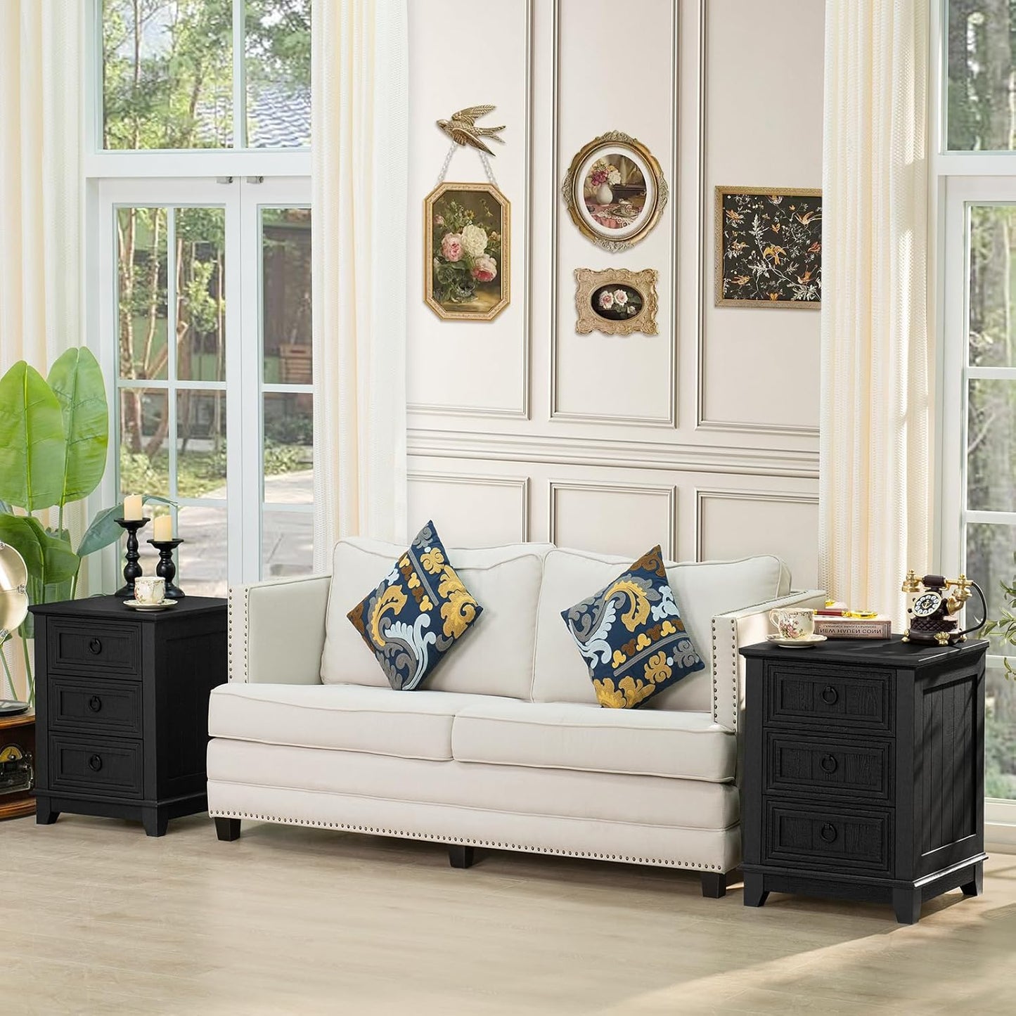 18" Farmhouse Night Stand with 3 Drawers, Wood End Table Dresser for Bedroom, Black Nightstand, Bed Side Table with Metal Handle, Bedside Cabinet for Bedroom Living Room, Closet