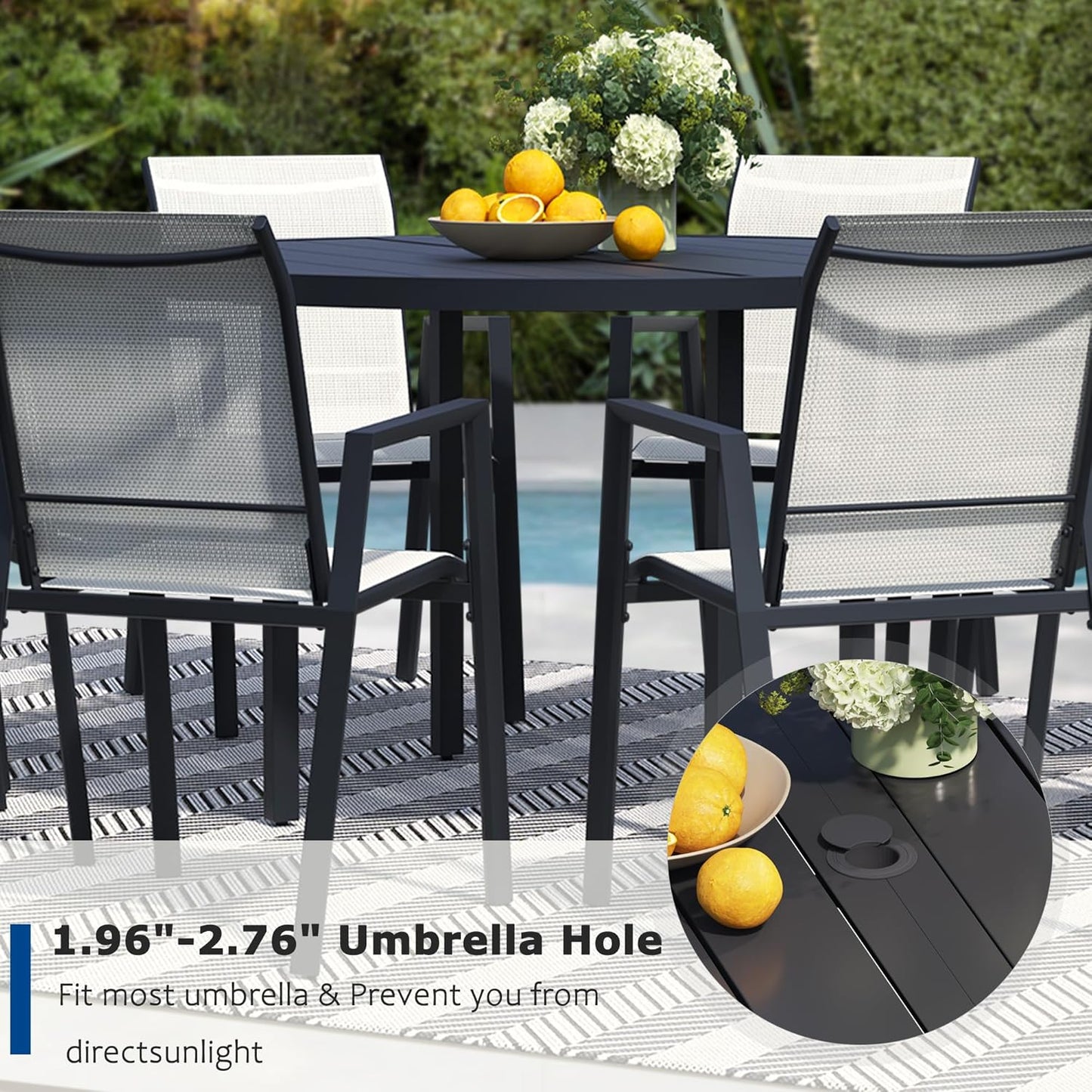 9 Piece Outdoor Dining Set, Patio Table and Chairs Set of 8, 60" Black Round Patio Table with 8 Oyster Beige Stackable Patio Chairs for Lawn, Garden, Porch