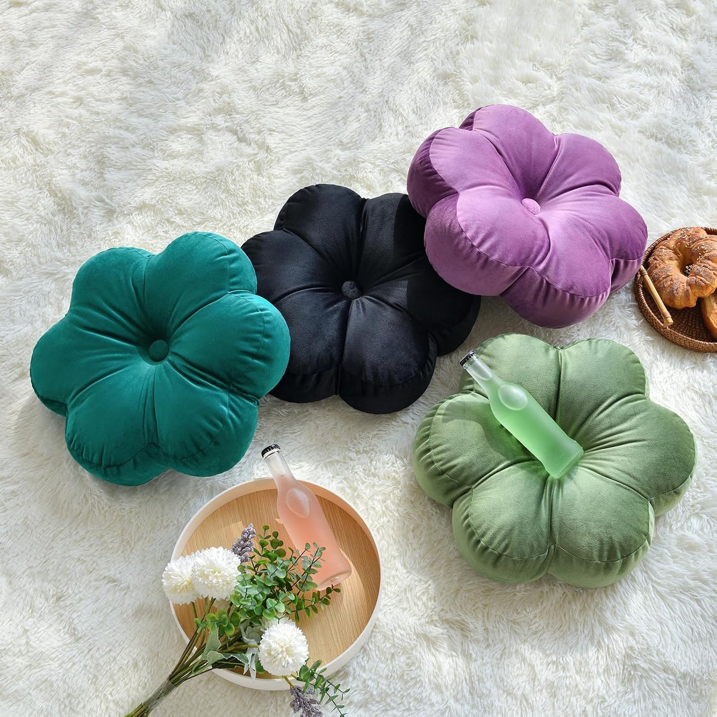 Xuyier Flower Pillow, Flower Shaped Throw Pillows with Velvet for Couch Bed Sofa Chair, Cute Home Decor Floor Seating Cushion Pillows for Living Room Bedroom(15 Inches, Black)